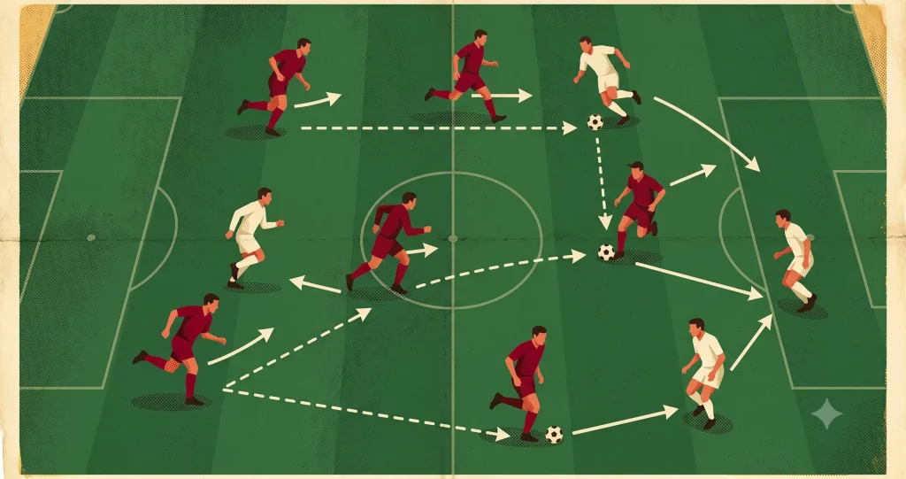 Futbol sahasında oyuncuların pas ve hareket yönlerini gösteren taktik illüstrasyonu