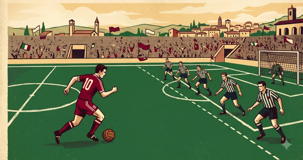 Ofsayt nedir sorusunu anlatan retro İtalyan futbol sahası: bordo formalı hücumcu ve savunma hattı